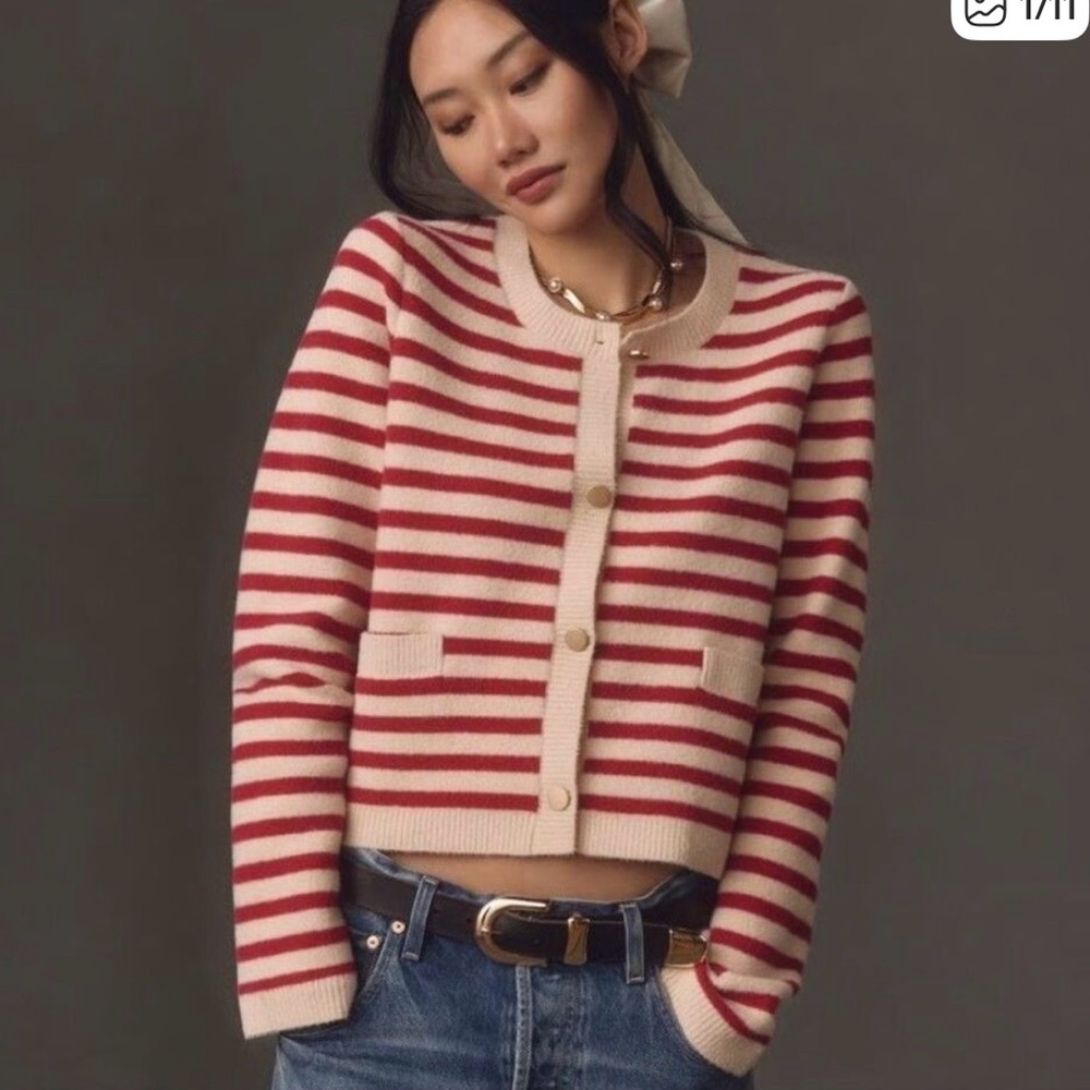 Anthropologie NVLT Striped Sweater Lady Jacket Red and Cream Size Large C11-079